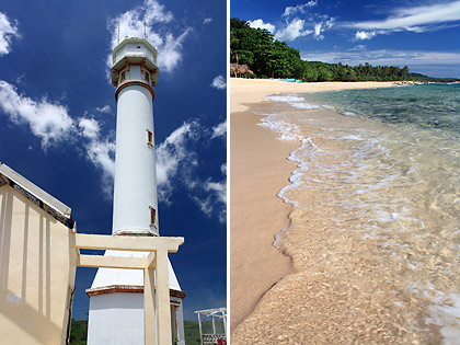 right: Cape Bolinao Lighthouse; left: the creamy white sand at Patar Beach, Bolinao