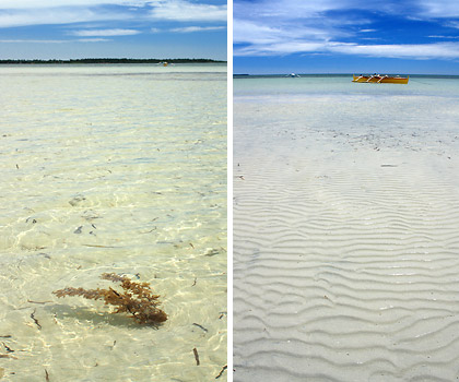two views of Tondol Beach showing different tide levels